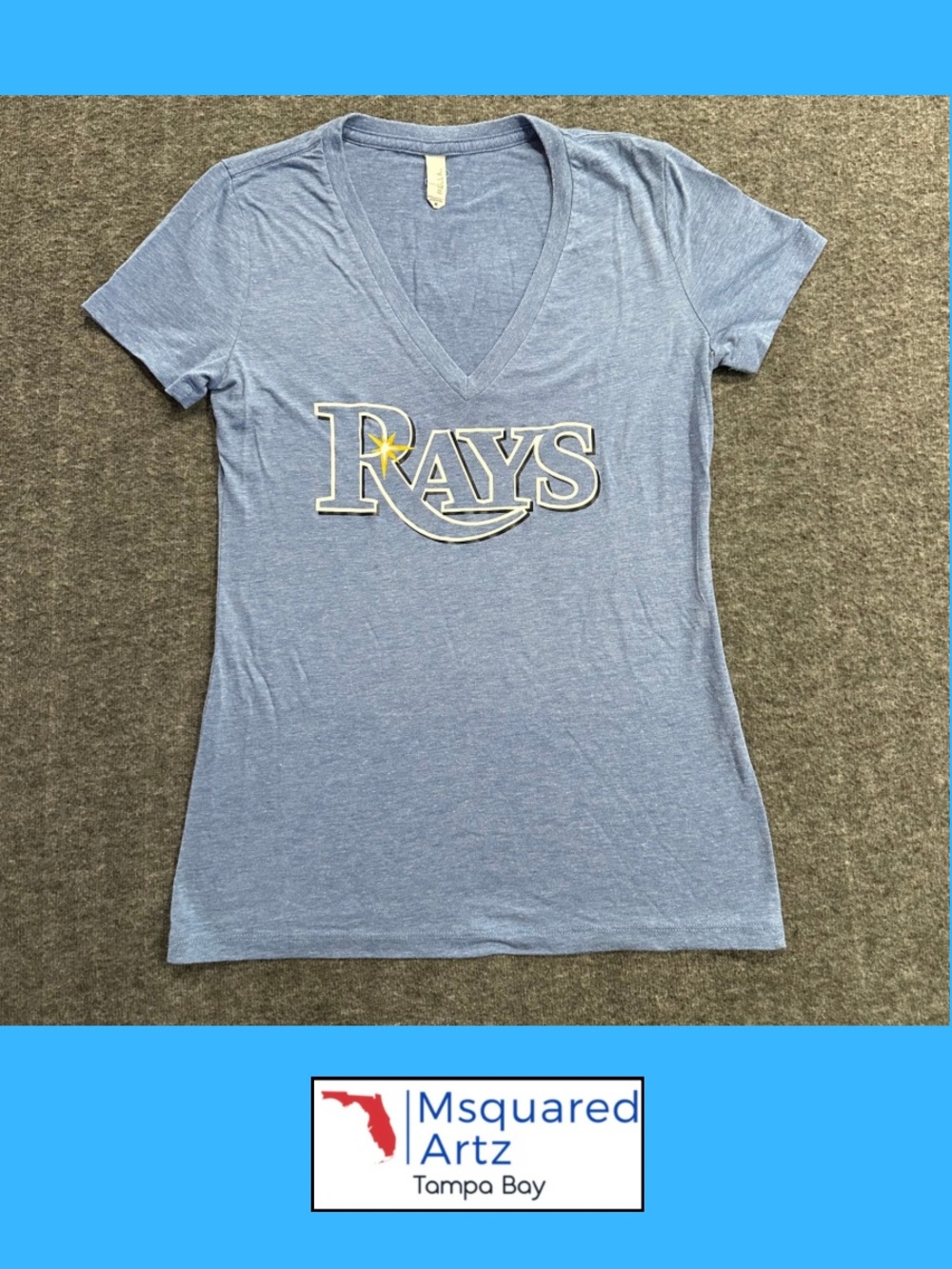 Tampa Bay Rays Bella Women’s Medium Blue V-Neck Logo T-Shirt Made in USA